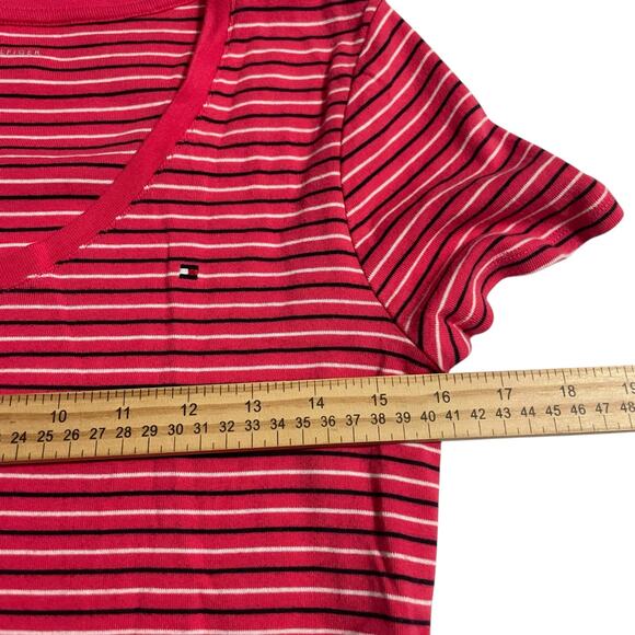 Tommy Hilfiger Womens Size M Red Blue White V Neck Striped Short Sleeve T-Shirt - Picture 10 of 10